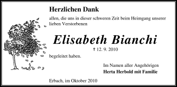 Traueranzeige von Elisabeth Bianchi von Odenwälder Echo