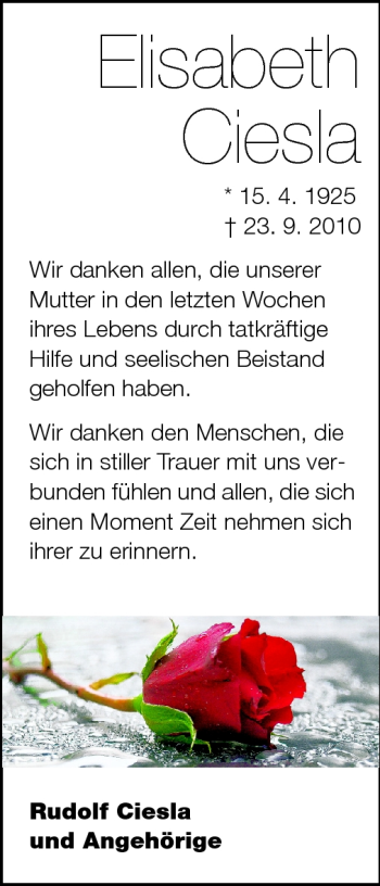 Traueranzeige von Elisabetha Ciesla von Echo-Zeitungen (Gesamtausgabe)