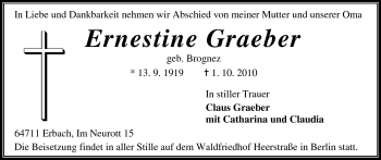 Traueranzeige von Ernestine Graeber von Odenwälder Echo