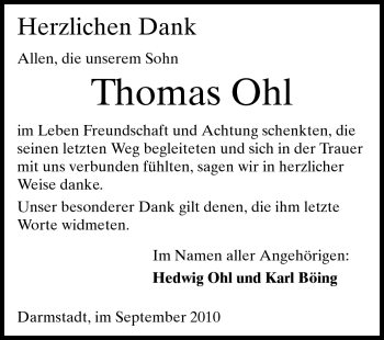 Traueranzeige von Thomas Ohl von Darmstädter Echo, Odenwälder Echo, Rüsselsheimer Echo, Groß-Gerauer-Echo, Ried Echo