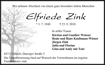 Traueranzeige von Elfriede Zink von Odenwälder Echo