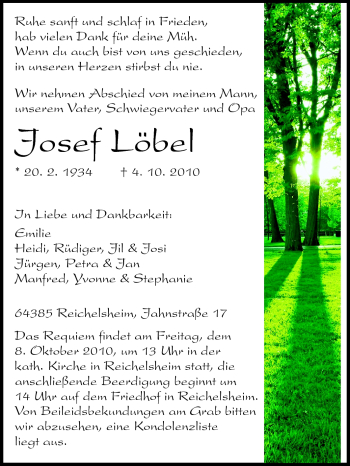 Traueranzeige von Josef Löbel von Odenwälder Echo