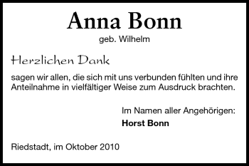 Traueranzeige von Anna Bonn von Rüsselsheimer Echo, Groß-Gerauer-Echo, Ried Echo