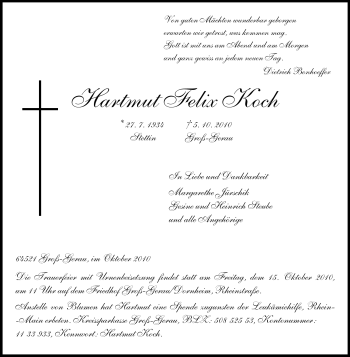Traueranzeige von Hartmut Felix Koch von Rüsselsheimer Echo, Groß-Gerauer-Echo, Ried Echo