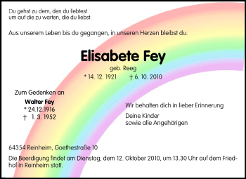 Traueranzeige von Elisabeth Fey von Darmstädter Echo, Odenwälder Echo, Rüsselsheimer Echo, Groß-Gerauer-Echo, Ried Echo