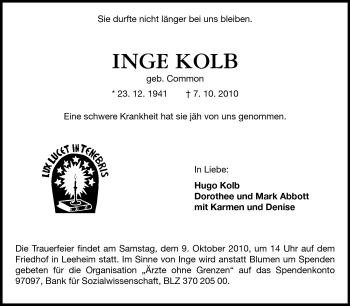 Traueranzeige von Inge Kolb von Echo-Zeitungen (Gesamtausgabe)
