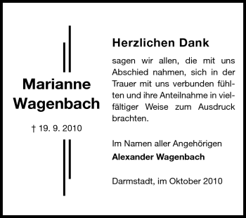 Traueranzeige von Marianne Wagenbach von Echo-Zeitungen (Gesamtausgabe)