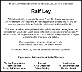Traueranzeige von Ralf Ley von Echo-Zeitungen (Gesamtausgabe)