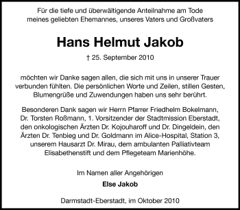 Traueranzeige von Hans Helmut Jakob von Echo-Zeitungen (Gesamtausgabe)