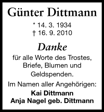 Traueranzeige von Günter Dittmann von Darmstädter Echo, Odenwälder Echo, Rüsselsheimer Echo, Groß-Gerauer-Echo, Ried Echo