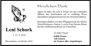 Traueranzeige von Leni Schork von Rüsselsheimer Echo, Groß-Gerauer-Echo, Ried Echo