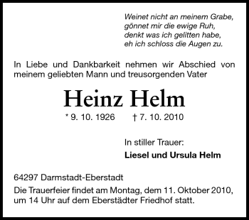 Traueranzeige von Heinz Helm von Echo-Zeitungen (Gesamtausgabe)