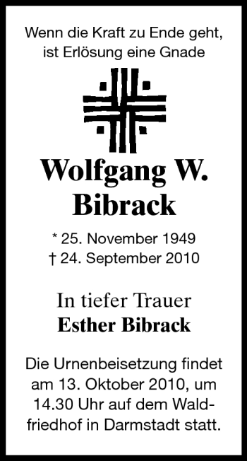 Traueranzeige von Wolfgang W. Bibrack von Echo-Zeitungen (Gesamtausgabe)
