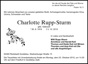 Traueranzeige von Charlotte Rupp-Sturm von Rüsselsheimer Echo, Groß-Gerauer-Echo, Ried Echo