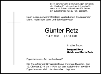 Traueranzeige von Günter Retz von Darmstädter Echo, Odenwälder Echo, Rüsselsheimer Echo, Groß-Gerauer-Echo, Ried Echo