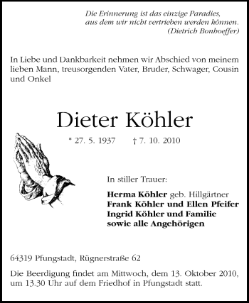 Traueranzeige von Dieter Köhler von Echo-Zeitungen (Gesamtausgabe)