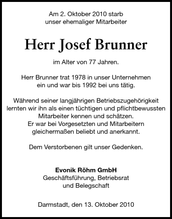 Traueranzeige von Josef Brunner von Darmstädter Echo, Odenwälder Echo, Rüsselsheimer Echo, Groß-Gerauer-Echo, Ried Echo