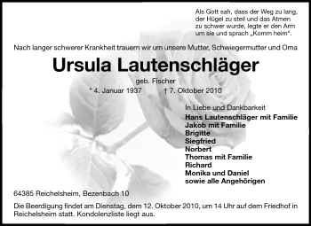 Traueranzeige von Ursula Lautenschläger von Odenwälder Echo