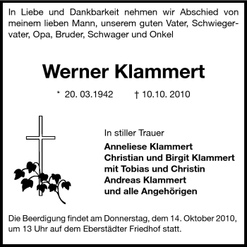 Traueranzeige von Werner Klammert von Echo-Zeitungen (Gesamtausgabe)