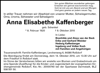 Traueranzeige von Anna Elisabethe Kaffenberger von Echo-Zeitungen (Gesamtausgabe)