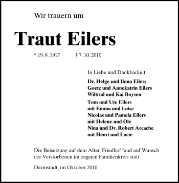Traueranzeige von Traut Eilers von Echo-Zeitungen (Gesamtausgabe)