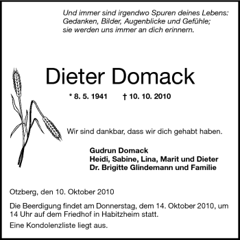 Traueranzeige von Dieter Domack von Echo-Zeitungen (Gesamtausgabe)