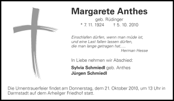 Traueranzeige von Margarete Anthes von Darmstädter Echo, Odenwälder Echo, Rüsselsheimer Echo, Groß-Gerauer-Echo, Ried Echo