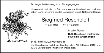 Traueranzeige von Siegfried Rescheleit von Darmstädter Echo, Odenwälder Echo, Rüsselsheimer Echo, Groß-Gerauer-Echo, Ried Echo