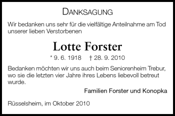 Traueranzeige von Lotte Forster von Rüsselsheimer Echo, Groß-Gerauer-Echo, Ried Echo