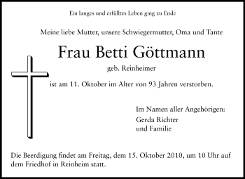 Traueranzeige von Betti Göttmann von Darmstädter Echo, Odenwälder Echo, Rüsselsheimer Echo, Groß-Gerauer-Echo, Ried Echo