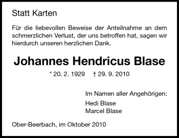 Traueranzeige von Johannes Hendricus Blase von Darmstädter Echo, Odenwälder Echo, Rüsselsheimer Echo, Groß-Gerauer-Echo, Ried Echo