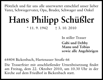 Traueranzeige von Hans Philipp Schüßler von Echo-Zeitungen (Gesamtausgabe)