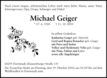Traueranzeige von Michael Geiger von Darmstädter Echo, Odenwälder Echo, Rüsselsheimer Echo, Groß-Gerauer-Echo, Ried Echo