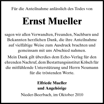 Traueranzeige von Ernst Mueller von Echo-Zeitungen (Gesamtausgabe)
