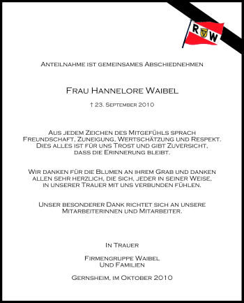 Traueranzeige von Hannelore Waibel von Echo-Zeitungen (Gesamtausgabe)