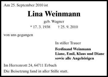 Traueranzeige von Lina Weinmann von Odenwälder Echo