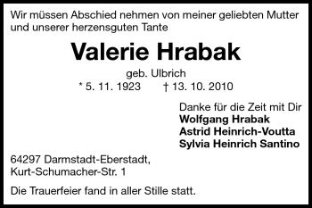 Traueranzeige von Valerie Hrabak von Echo-Zeitungen (Gesamtausgabe)
