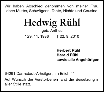 Traueranzeige von Hedwig Rühl von Echo-Zeitungen (Gesamtausgabe)