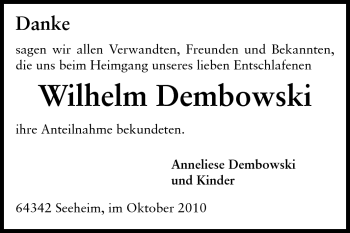 Traueranzeige von Wilhelm Dembowski von Echo-Zeitungen (Gesamtausgabe)