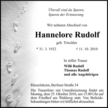 Traueranzeige von Hannelore Rudolf von Rüsselsheimer Echo, Groß-Gerauer-Echo, Ried Echo