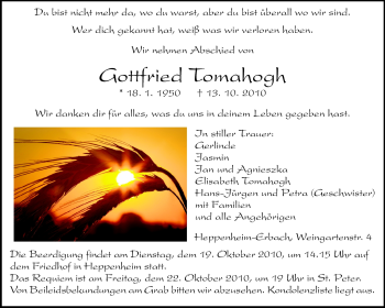 Traueranzeige von Gottfried Tomahogh von Starkenburger Echo
