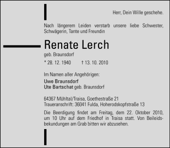 Traueranzeige von Renate Lerch von Darmstädter Echo, Odenwälder Echo, Rüsselsheimer Echo, Groß-Gerauer-Echo, Ried Echo