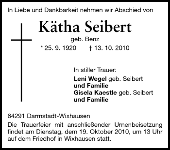 Traueranzeige von Kätha Seibert von Darmstädter Echo, Odenwälder Echo, Rüsselsheimer Echo, Groß-Gerauer-Echo, Ried Echo