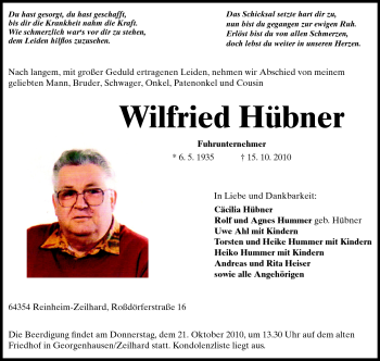 Traueranzeige von Wilfried Hübner von Echo-Zeitungen (Gesamtausgabe)
