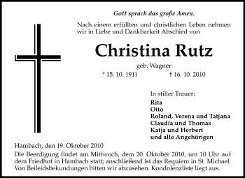 Traueranzeige von Christina Rutz von Starkenburger Echo