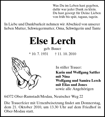 Traueranzeige von Else Lerch von Darmstädter Echo, Odenwälder Echo, Rüsselsheimer Echo, Groß-Gerauer-Echo, Ried Echo