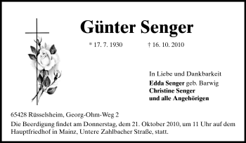 Traueranzeige von Günter Senger von Rüsselsheimer Echo, Groß-Gerauer-Echo, Ried Echo