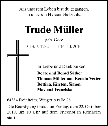 Traueranzeige von Trude Müller von Darmstädter Echo, Odenwälder Echo, Rüsselsheimer Echo, Groß-Gerauer-Echo, Ried Echo