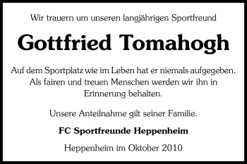 Traueranzeige von Gottfried Tomahogh von Starkenburger Echo