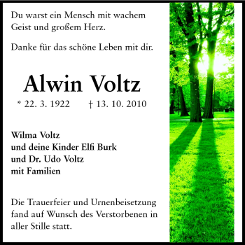 Traueranzeige von Alwin Voltz von Darmstädter Echo, Odenwälder Echo, Rüsselsheimer Echo, Groß-Gerauer-Echo, Ried Echo